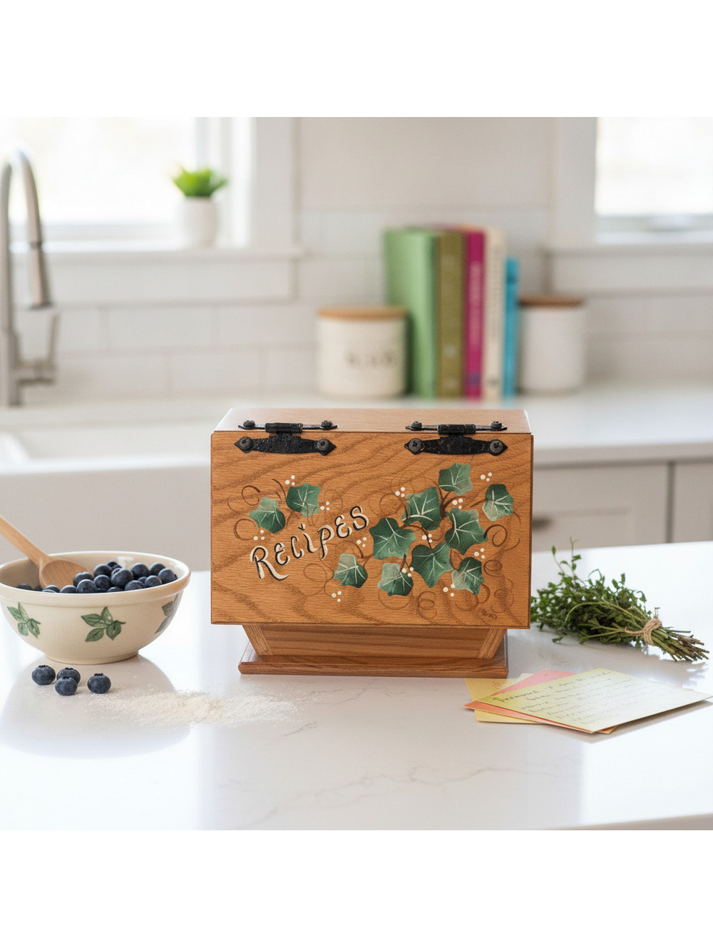 Vintage Wooden Recipe Box with Hand-Painted Ivy Design